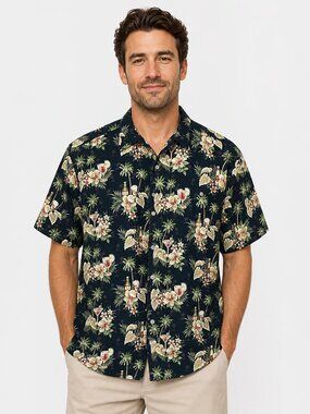 Pierre Cardin Vintage Men’s Shirt Short Sleeve Hawaiian Wine Print Black Size XL
